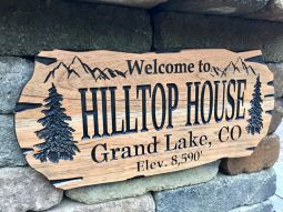 Rustic Edge Cabin Sign with Trees and Mountains